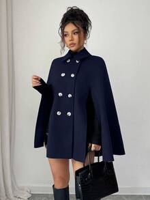 SHEIN PETITE Women's Casual British Style Fashion Double-Breasted Woolen Cape Coat Navy Blue Coat Women Coats French Style Coat Outerwear Women - Royal Blue - View 1