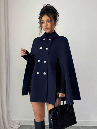 SHEIN PETITE Women's Casual British Style Fashion Double-Breasted Woolen Cape Coat Navy Blue Coat Women Coats French Style Coat Outerwear Women