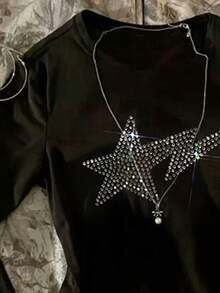 INAWLY Star Rhinestone Decor Minimalist Women Long Sleeve Crew Neck T-Shirt, Gift For Friends - Black - View 3