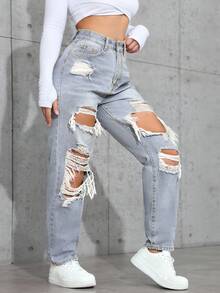 SHEIN ICON Plus Size Women Casual High Waist Loose Distressed Button Denim Jeans - Blue - View 3