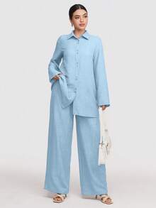 Veilorie 2 件套女式纯色前扣长袖休闲上衣和长裤套装 - 藍色 - 查看 2
