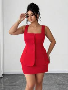 Elenzga 情人节加大码弹力纹理面料圆领无袖口袋装饰背心+纹理面料裹身裙休闲套装，2件套 - 紅色 - 查看 3