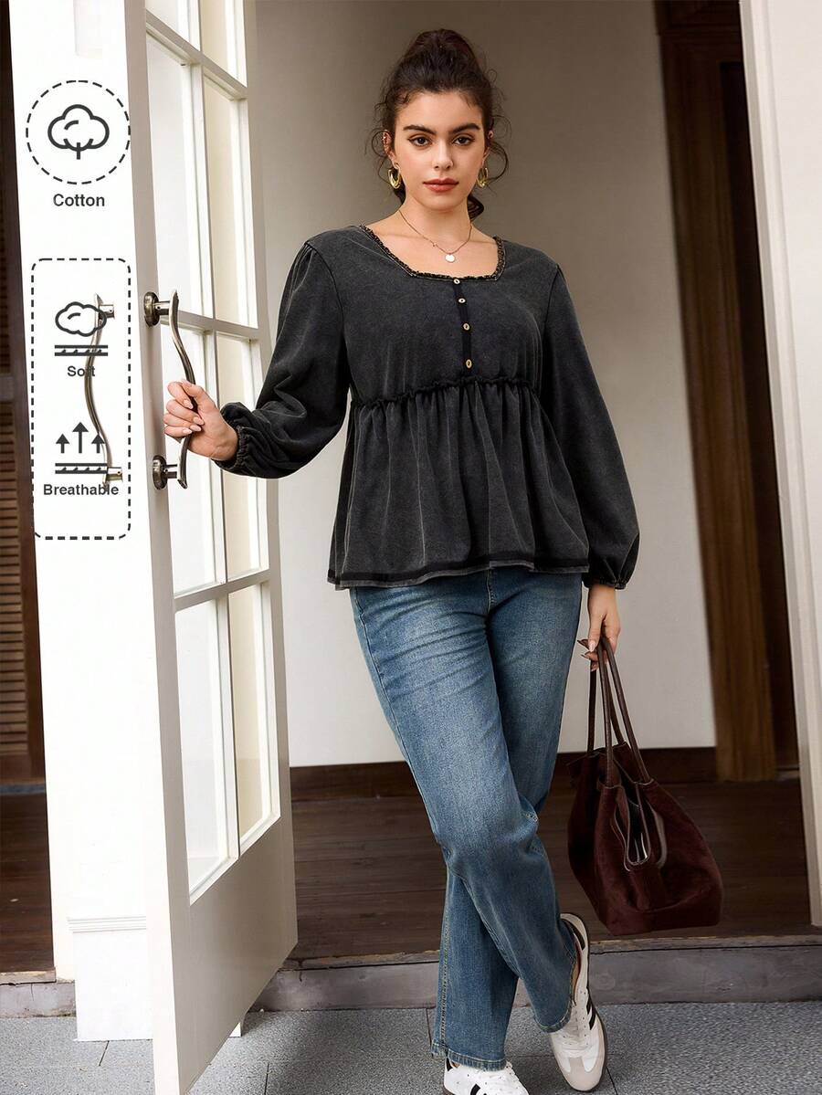 SHEIN Frenchy Kaos Lengan Panjang Kasual Wanita Ukuran Besar dengan Kerah Bulat dan Pinggang Berkerut, Motif Salju. - Hitam - View 1