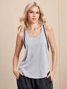 Cheerettes Women Contrast Color Crew Neck Everyday Fitness Sports Tank Top - Grey - View 2