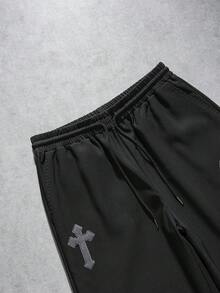 AXEPEAK Men's Casual Sports Cross Embroidery Drawstring Waist Pants - Black - View 6