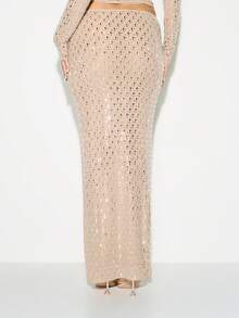 KIZN Nude Beige Hotfix Diamante Embellished Maxi Bodycon Skirt High Rise Evening Party Wear - Pink - View 2