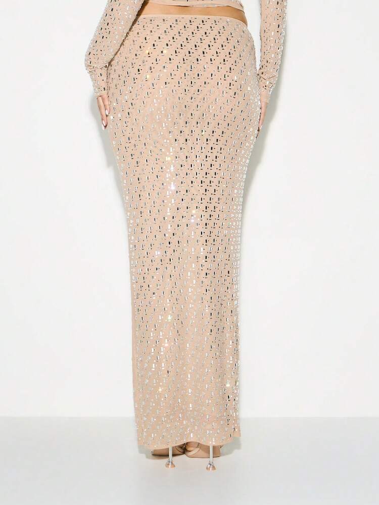 KIZN Beżowa, cielista, długa, dopasowana spódnica z haftowanymi cyrkoniami, na wieczorne przyjęcie z wysokim stanem