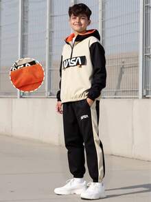 Vacaura 两件套青少年男童户外休闲套装，橙色保暖半拉链外套和休闲裤套装，秋冬季 - 彩色 - 查看 1