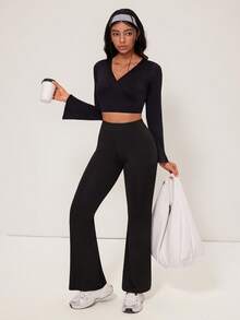 SHEIN Unity Women's Solid Color Flare Sleeve V-Neck Criss-Cross Tie Front Top - Black - View 4