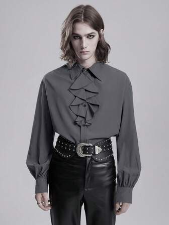 Goth Herren Einfarbiges Hemd mit Rüschenkragen und Langarm im Retro-Stil