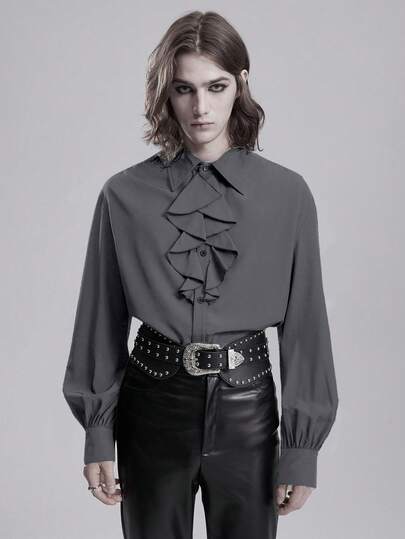 Men's Gothic Solid Color Ruffle Trim Long Sleeve Retro Shirt