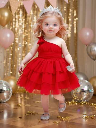 Babygirl 优雅红色网眼蝴蝶结装饰连衣裙