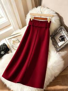 Franclia 新款红色休闲A字直筒女裙 - 酒紅色 - 查看 2