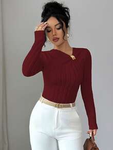 SHEIN Elenzya Váy nữ vải jacquard màu vàng nhạt họa tiết bất đối xứng cổ chữ V thắt eo thiết kế gợi cảm thanh lịch chất lượng cao, thích hợp cho ngày tựu trường, tiệc tùng, tiệc độc thân - Màu Đỏ Sâu - Xem 7