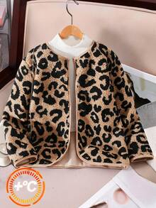 Casual Oversized Leopard Print Long Sleeve Round Neck Loose Fuzzy Jacket, Suitable For Teen Girlin Winter - Coffee Brown - View 7