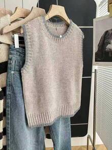 Franclia Casual Loose Crew Neck Sleeveless Knit Contrast Trim Khaki Sweater Top For Women, Spring/Autumn - Grey - View 6