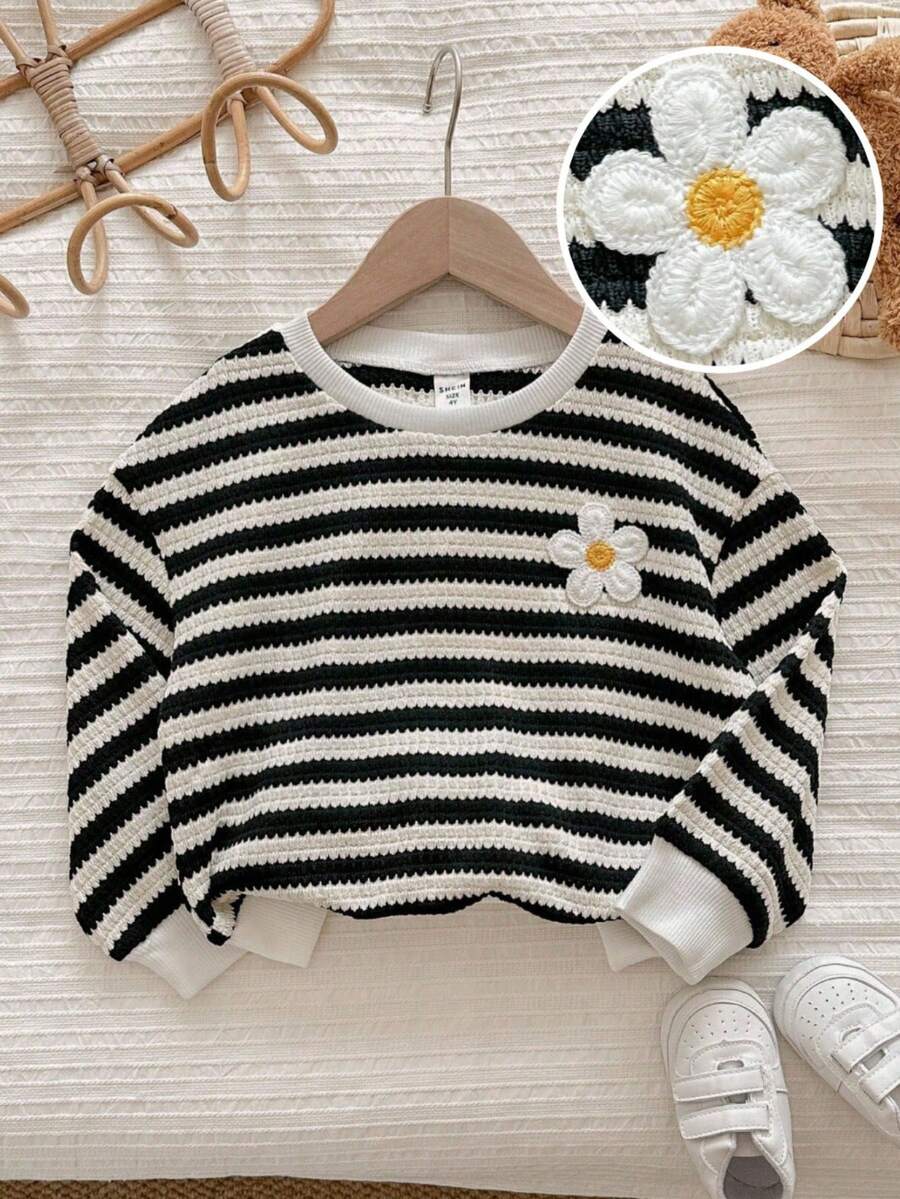 LMoss Kids LMoss 女童条纹针织圆领宽松休闲卫衣，长袖上衣，舒适秋冬款式，套头衫，姐妹款卫衣 - 黑與白 - 查看 1