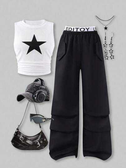 SHEIN ChillGRL 2pcs/Set Teenage Girls Casual White Star Print Tank Top + Black Straight Leg Cargo Pants Outfit, Spring/Summer