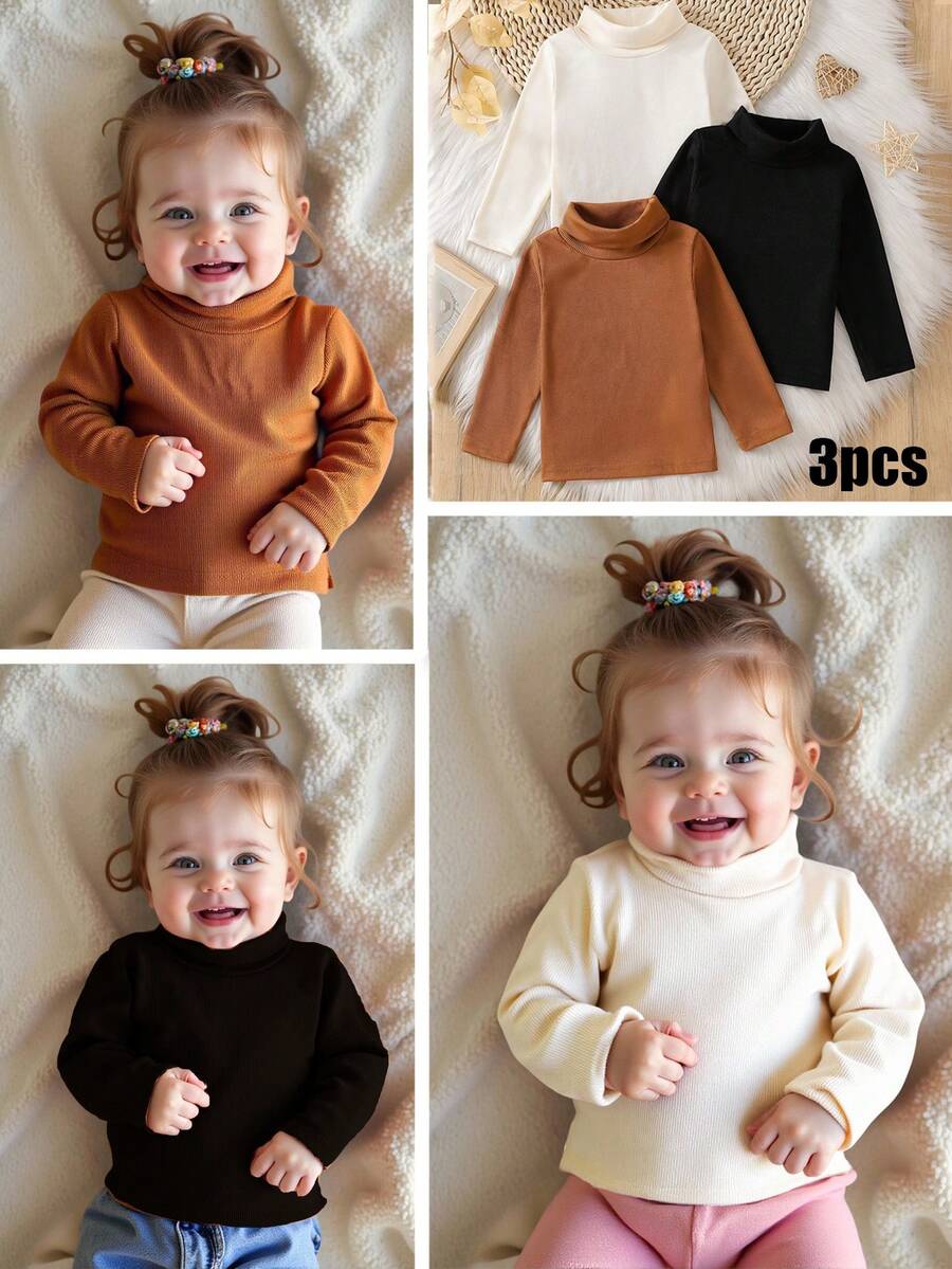 SHEIN 3件套女婴时尚高领针织内衣套装