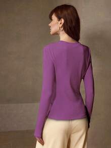 MOTF PREMIUM HIGH STRETCH SKIN-FRIENDLY SOLID COLOR ROUND NECK SLIM FIT FASHIONABLE LONG SLEEVE VERSATILE WOMEN'S BASE LAYER TOP - Purple - View 2