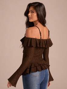 2026 Blusa con volantes y hombros descubiertos de moda para mujer - Marrón - Ver 6
