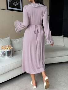 DAZY Lace Ruffle Collar Long Wrap Women Sleepwear Robe - Pink - View 2