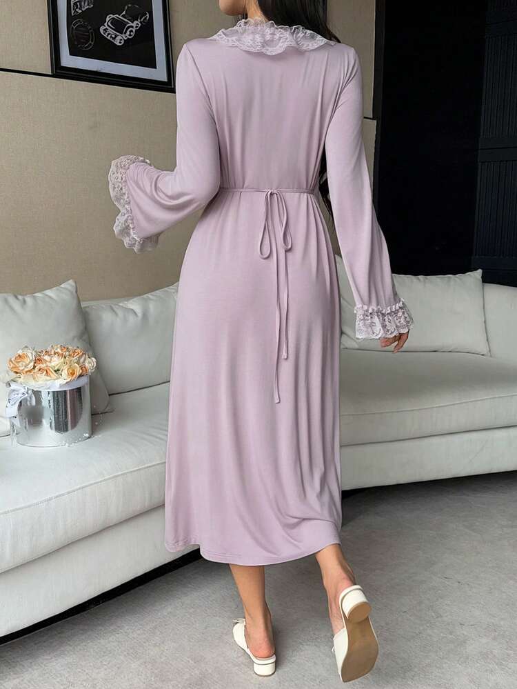 Lace Ruffle Collar Long Wrap Women Sleepwear Robe