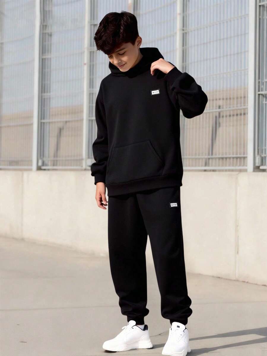 Vacaura 2件套青少年男童纯黑色加厚落肩连帽衫和休闲运动慢跑裤套装 - 黑色 - 查看 1