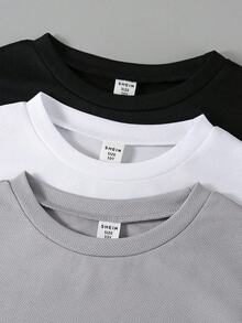 SHEIN Vacaura 3 件套青少年男孩圆领 T 恤，带贴花装饰，短袖上衣，春夏 - 黑與白 - 查看 5