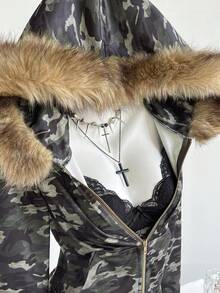 Elamini 1件女士休闲街头迷彩印花薄款抓绒翻领修身长袖外套，春季 - 彩色 - 查看 5