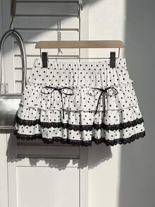 Elamini 1件黑白波点印花低腰蝴蝶结蕾丝荷叶边休闲派对可爱女士迷你裙 - 黑與白 - 查看 6