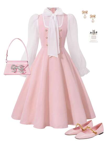 Sparklyn Vestido elegante de fiesta para niña preadolescente con bloque de color y manga abullonada de malla