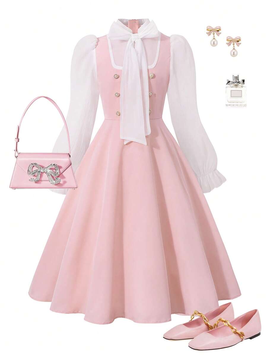 Tween Girl Elegant Party Color Block Mesh Puff Sleeve Dress - Pink - View 1