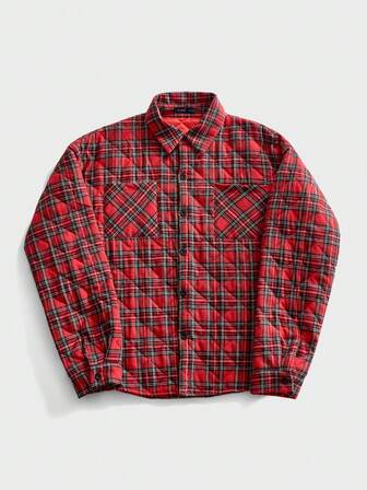 Prep Men's Plaid Print Button Front Casual Padded Coat, Collegiate Style, Autumn/Winter