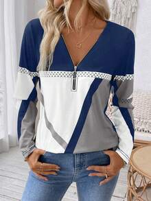 SHEIN LUNE 女士休闲秋冬长袖T恤，半拉链领口，几何印花图案，春季女式上衣 - 彩色 - 查看 5