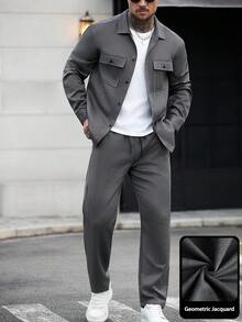 Manfinity CasualCool 男士纯色实用双口袋纹理长袖衬衫长裤套装，秋冬款 - 灰色 - 查看 4