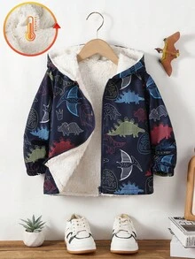 SHEIN Fantacosmos 男童休闲时尚印花夹克，带保暖连帽拉链卫衣，适合返校季和秋冬季穿着。 - 藏蓝色 - 查看 5