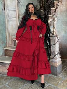 Flirla Vestido elegante con volantes en el bajo, estilo vintage de princesa medieval, adecuado para otoño, invierno y primavera, tallas grandes - Burdeos - Ver 7