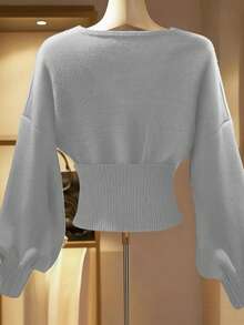 Franclia Women's Autumn Elegant Office Crossover Collar Gold Metal Button Knit Pullover Sweater,Formal Fashion Drop Shoulder Long Sleeve Solid Crop Cardigan - Light Grey - View 2