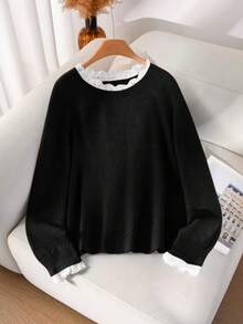 CosyJoli 大码休闲蕾丝拼布圆领粉色网眼套头衫