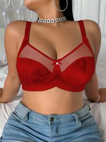 SHEIN 1pc Plus Size Women Contrast Mesh Wireless Bra - Red - View 6