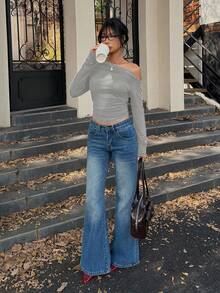 Flirla Casual Solid Color Asymmetric Collar Fitted Cropped T-Shirt, Autumn - Grey - View 5
