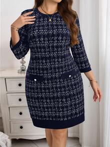 Miaspire Plus Size Women Plaid Round Neck 3/4 Sleeve Straight Casual/Work Dress - Navy Blue - View 3