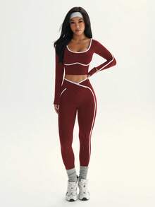 SHEIN Sports 无缝高弹瑜伽健身女式运动交叉腰带撞色套装 - 酒紅色 - 查看 6