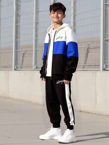 Vacaura Teenager's Casual Zip-Up Hoodie Jacket With Digital Print Letter Pattern & Contrast Color Drawstring Sweatpants Sports Set, Fashionable For Spring, Autumn & Winter - Royal Blue - View 1