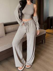 DAZY 三件套运动连帽外套、吊带背心和休闲长裤女士家居服套装 - 杏色 - 查看 1