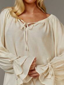 Athîral Women's Light Beige Boho Set,Autumn Vacation Holiday Elegant Textured Woven Off-Shoulder Ruffle Top&Trousers,One-Shoulder Peasant Blouse Spring Outfit - Beige - View 5