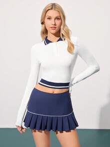 CourtClass Women's Striped Long Sleeve Polo Collar Golf Polo Shirt Two Piece Tennis Skirt Set Cheerleader Skirt Tennis Dress Long Sleeve Tennis Top Golf Skirt Tennis Skirt Sets Tennis Long Sleeve Set Long Sleeve Polo Tennis Top Tennis Outfit Women - White - View 4