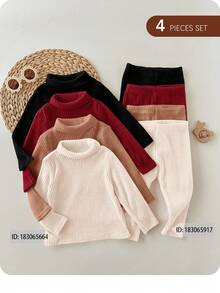 SHEIN 4条装女婴休闲纯色弹力腰针织裤，秋冬季 - 彩色 - 查看 2