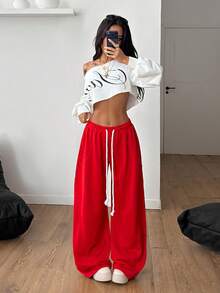 Coolane Women's Summer Streetwear Going Out Break Oversized Elastic Waistband Comfortable Scimitar Pants - Red - View 5